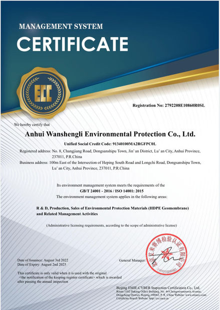 CHINA Anhui Wanshengli Environmental Protection Co., Ltd certificaten