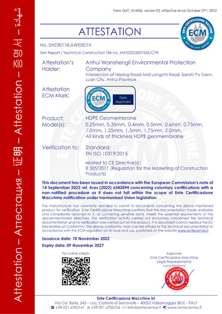 CHINA Anhui Wanshengli Environmental Protection Co., Ltd certificaten